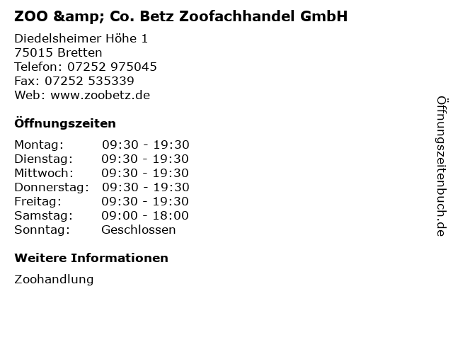 ZOO & Co. Betz Zoofachhandel GmbH in Bretten: Adresse und Öffnungszeiten
