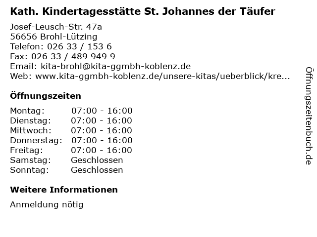 Kath. Kindertagesstätte St. Johannes der Täufer in Brohl-Lützing: Adresse und Öffnungszeiten