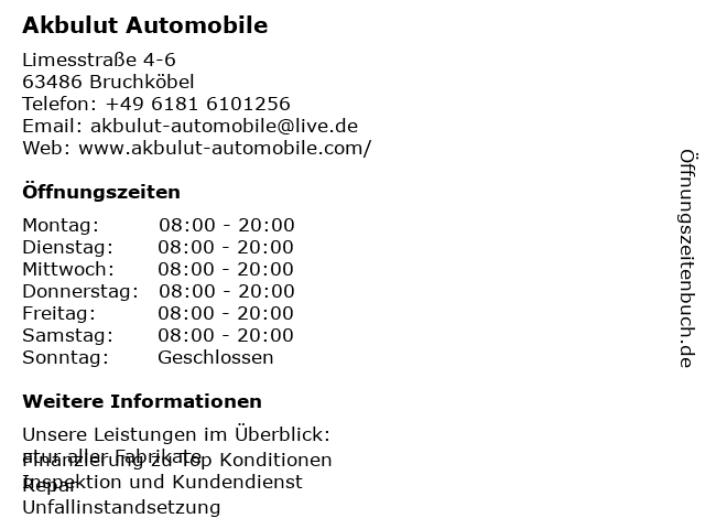 Akbulut Automobile in Bruchköbel: Adresse und Öffnungszeiten