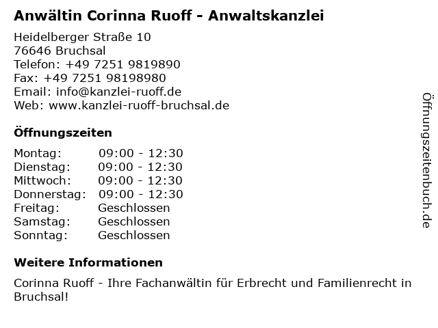 Anwältin Corinna Ruoff - Anwaltskanzlei in Bruchsal: Adresse und Öffnungszeiten