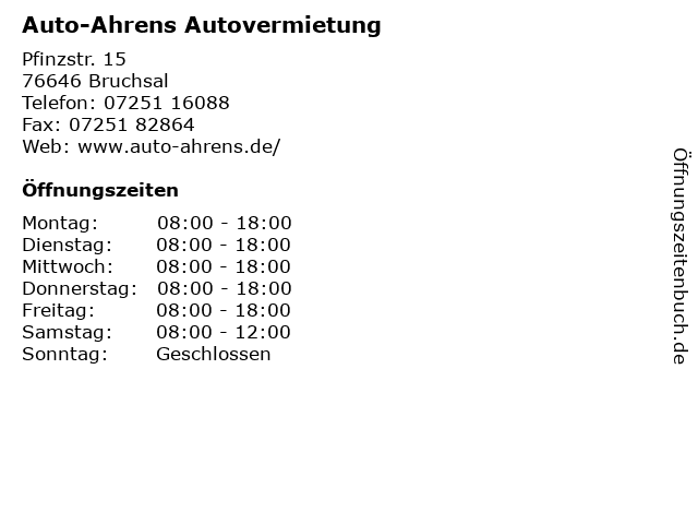 Auto-Ahrens Autovermietung in Bruchsal: Adresse und Öffnungszeiten