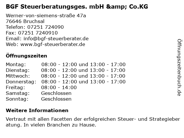 BGF Steuerberatungsges. mbH & Co.KG in Bruchsal: Adresse und Öffnungszeiten