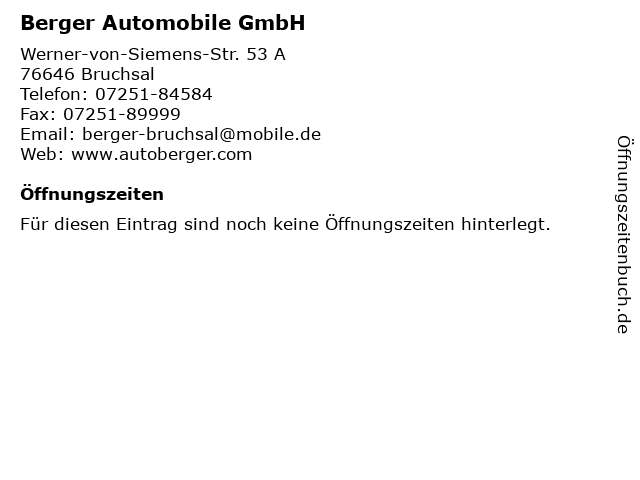 Berger Automobile GmbH in Bruchsal: Adresse und Öffnungszeiten