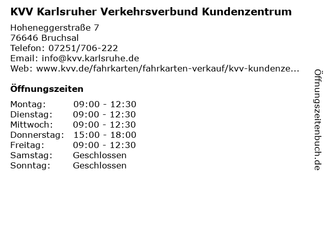 ᐅ Öffnungszeiten „KVV-Kundenzentrum“ | Hoheneggerstraße 7 in Bruchsal