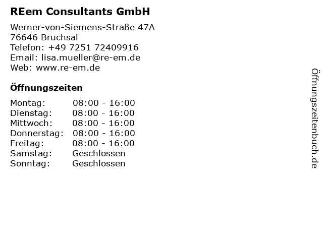 REem Consultants GmbH in Bruchsal: Adresse und Öffnungszeiten