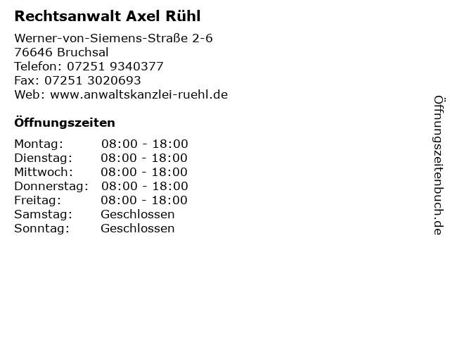 Rechtsanwalt Axel Rühl in Bruchsal: Adresse und Öffnungszeiten