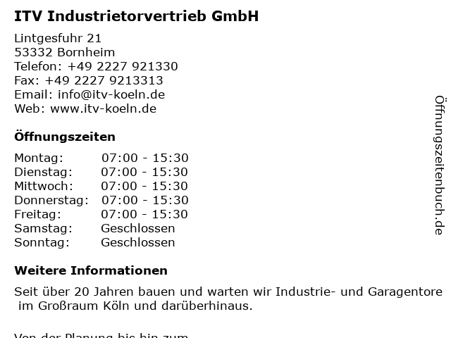 ITV Industrietorvertrieb GmbH in Brühl: Adresse und Öffnungszeiten