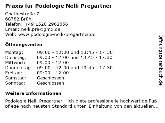 Praxis für Podologie Nelli Pregartner in Brühl: Adresse und Öffnungszeiten
