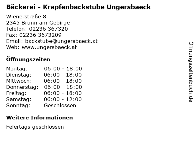 Bäckerei - Krapfenbackstube Ungersbaeck in Brunn am Gebirge: Adresse und Öffnungszeiten