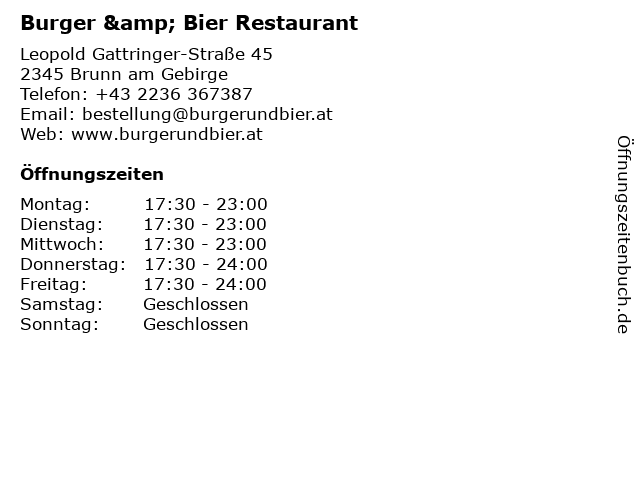 Burger & Bier Restaurant in Brunn am Gebirge: Adresse und Öffnungszeiten
