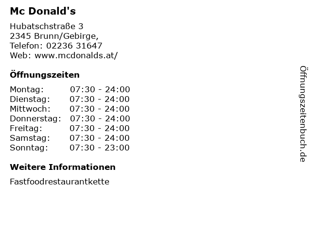 Mc Donald's in Brunn/Gebirge,: Adresse und Öffnungszeiten