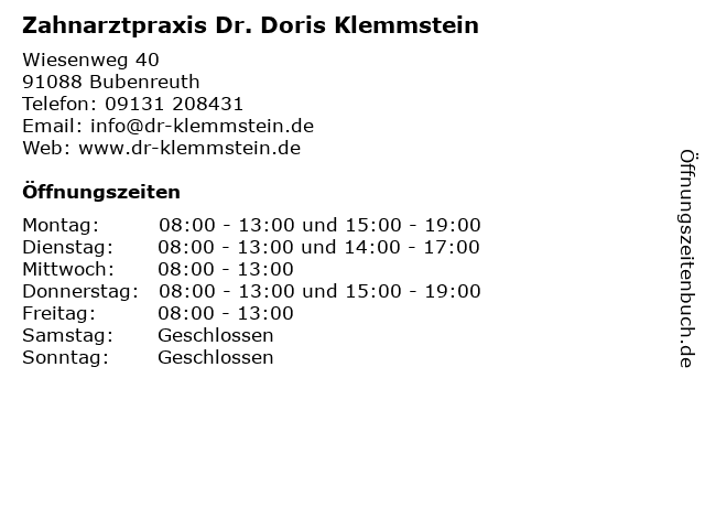 Zahnarztpraxis Dr. Doris Klemmstein in Bubenreuth: Adresse und Öffnungszeiten