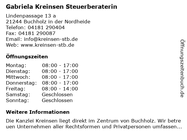 Gabriela Kreinsen Steuerberaterin in Buchholz in der Nordheide: Adresse und Öffnungszeiten
