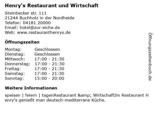 Henry's Restaurant und Wirtschaft in Buchholz in der Nordheide: Adresse und Öffnungszeiten