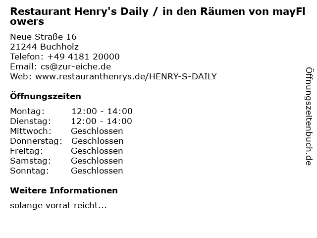 Restaurant Henry's Daily / in den Räumen von mayFlowers in Buchholz: Adresse und Öffnungszeiten