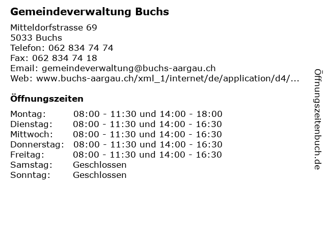 Gemeindeverwaltung Buchs in Buchs: Adresse und Öffnungszeiten