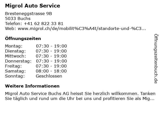 Migrol Auto Service in Buchs: Adresse und Öffnungszeiten
