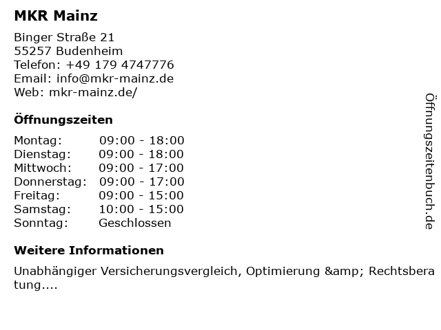 MKR Mainz in Budenheim: Adresse und Öffnungszeiten