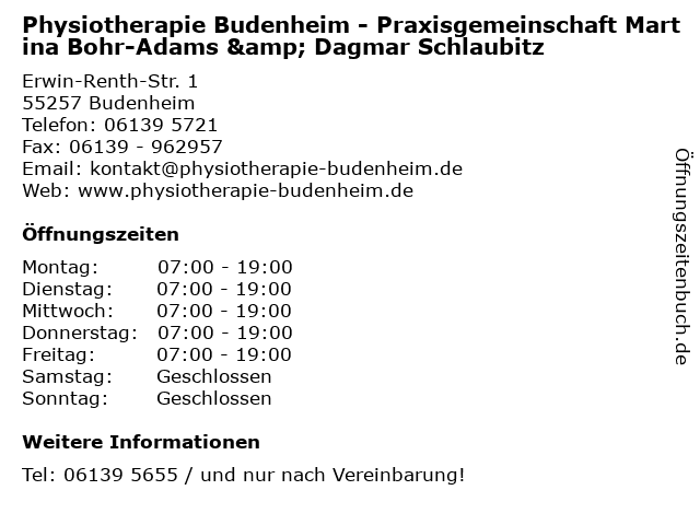Physiotherapie Budenheim - Praxisgemeinschaft Martina Bohr-Adams & Dagmar Schlaubitz in Budenheim: Adresse und Öffnungszeiten