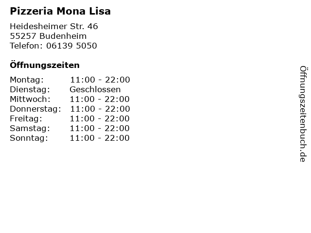 Pizzeria Mona Lisa in Budenheim: Adresse und Öffnungszeiten