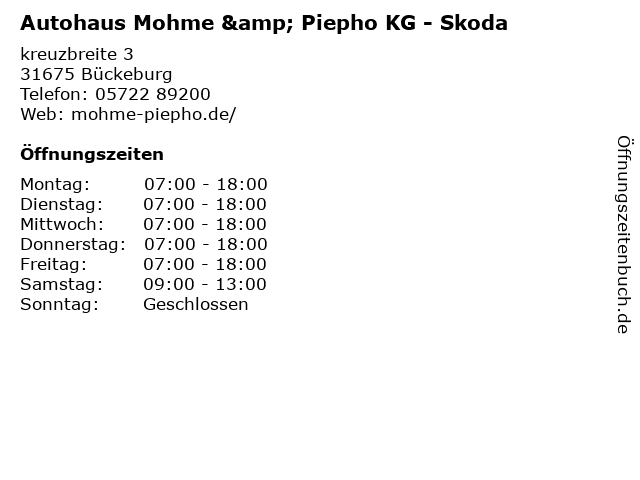Autohaus Mohme & Piepho KG - Skoda in Bückeburg: Adresse und Öffnungszeiten