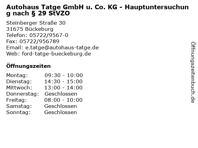 Autohaus Tatge GmbH u. Co. KG - Hauptuntersuchung nach § 29 StVZO in Bückeburg: Adresse und Öffnungszeiten
