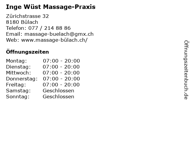 Inge Wüst Massage-Praxis in Bülach: Adresse und Öffnungszeiten