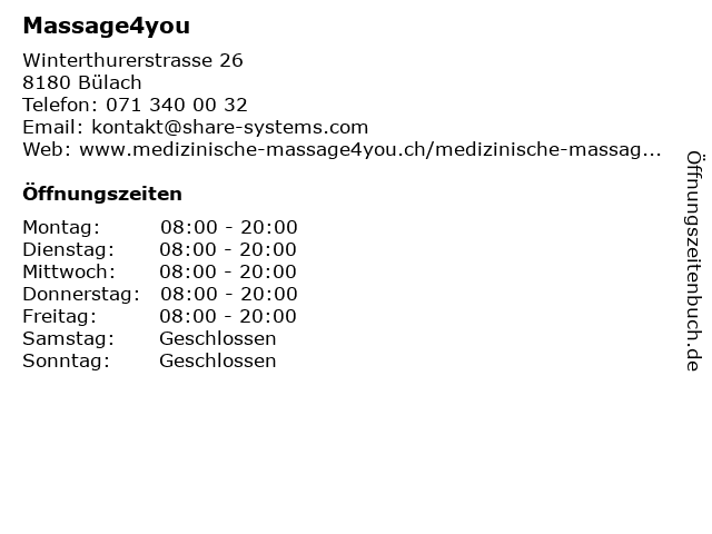 Massage4you in Bülach: Adresse und Öffnungszeiten