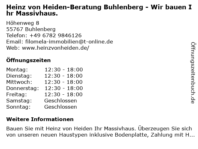 Heinz von Heiden-Beratung Buhlenberg - Wir bauen Ihr Massivhaus. in Buhlenberg: Adresse und Öffnungszeiten