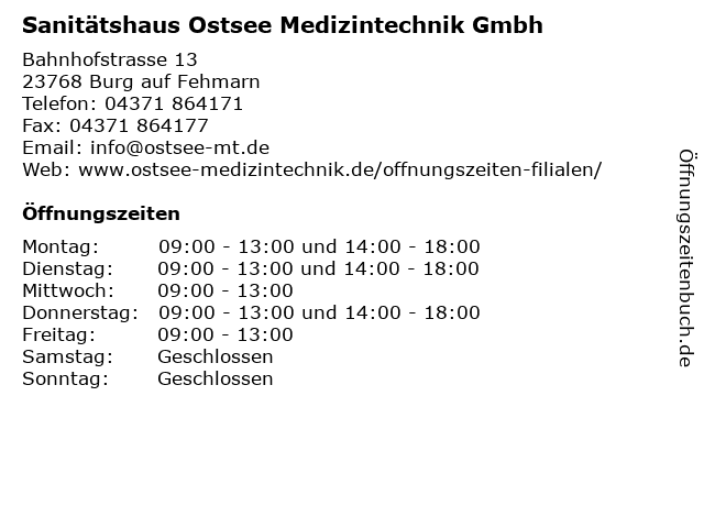 ᐅ Offnungszeiten Sanitatshaus Ostsee Medizintechnik Gmbh Bahnhofstrasse 13 In Burg Fehmarn