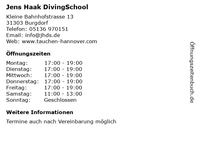 Jens Haak DivingSchool in Burgdorf: Adresse und Öffnungszeiten