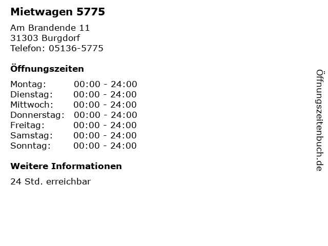 Mietwagen 5775 in Burgdorf: Adresse und Öffnungszeiten