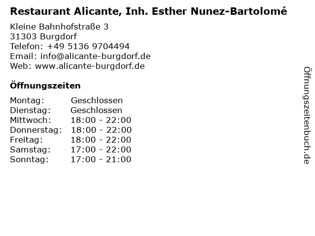 Restaurant Alicante, Inh. Esther Nunez-Bartolomé in Burgdorf: Adresse und Öffnungszeiten