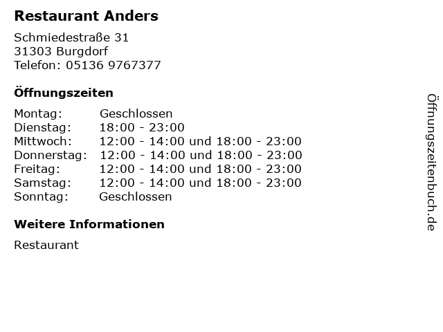 Restaurant Anders in Burgdorf: Adresse und Öffnungszeiten