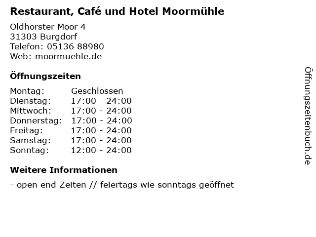 Restaurant, Café und Hotel Moormühle in Burgdorf: Adresse und Öffnungszeiten