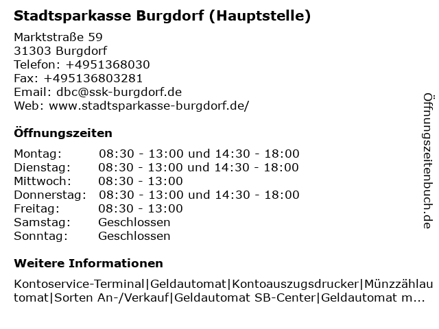 Stadtsparkasse Burgdorf (Hauptstelle) in Burgdorf: Adresse und Öffnungszeiten