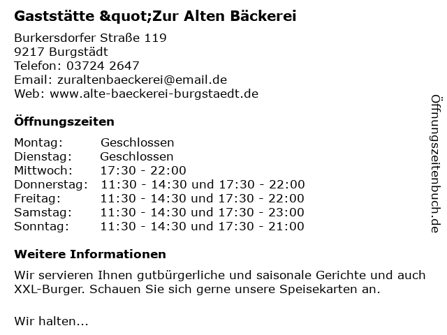 Gaststätte "Zur Alten Bäckerei" in Burgstädt: Adresse und Öffnungszeiten