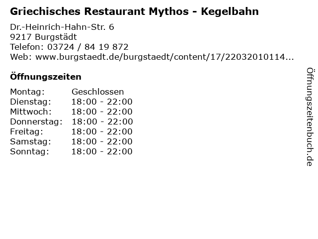 Griechisches Restaurant Mythos - Kegelbahn in Burgstädt: Adresse und Öffnungszeiten
