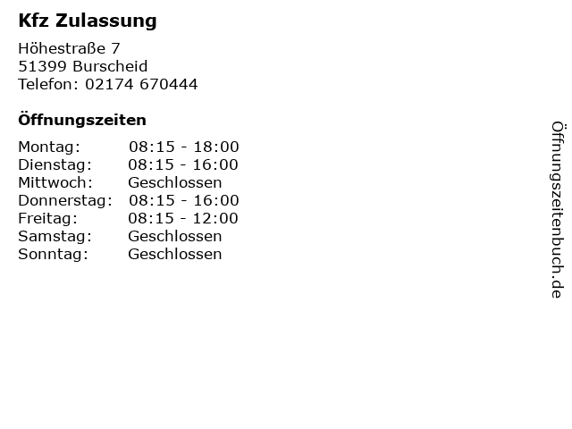 Kfz Zulassung in Burscheid: Adresse und Öffnungszeiten