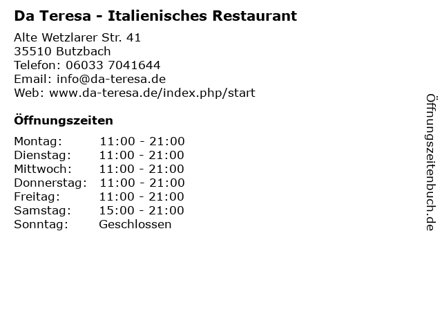 Da Teresa - Italienisches Restaurant in Butzbach: Adresse und Öffnungszeiten