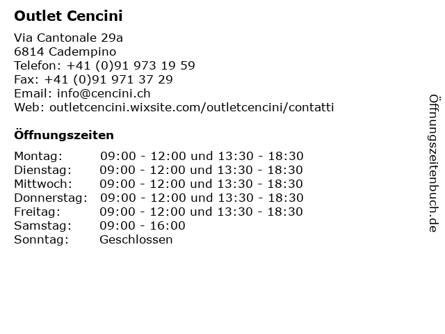 Outlet Cencini in Cadempino: Adresse und Öffnungszeiten