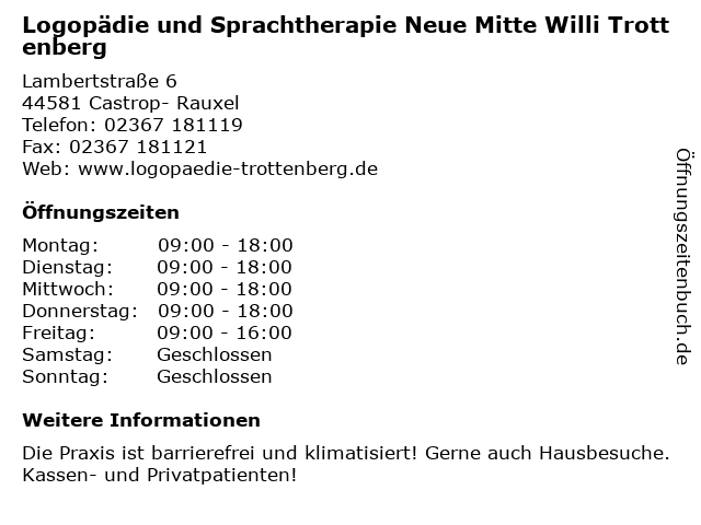 Logopädie und Sprachtherapie Neue Mitte Willi Trottenberg in Castrop- Rauxel: Adresse und Öffnungszeiten