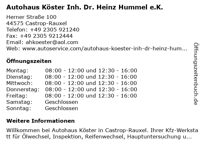 Autohaus Köster - ADMINISTRATION in Castrop-Rauxel: Adresse und Öffnungszeiten