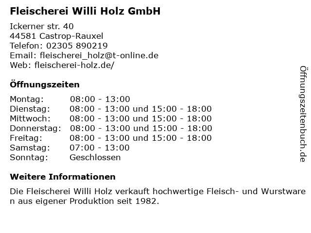 Fleischerei Willi Holz GmbH in Castrop-Rauxel: Adresse und Öffnungszeiten