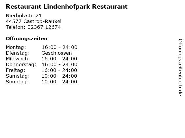 Restaurant Lindenhofpark Restaurant in Castrop-Rauxel: Adresse und Öffnungszeiten