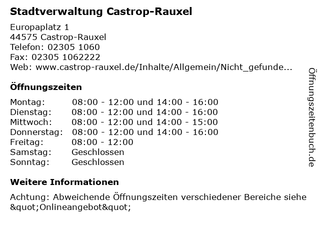 Stadtverwaltung Castrop-Rauxel in Castrop-Rauxel: Adresse und Öffnungszeiten