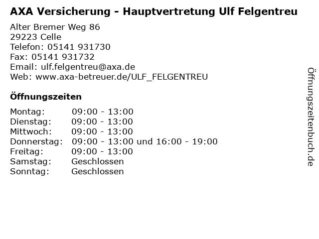AXA Versicherung - Hauptvertretung Ulf Felgentreu in Celle: Adresse und Öffnungszeiten