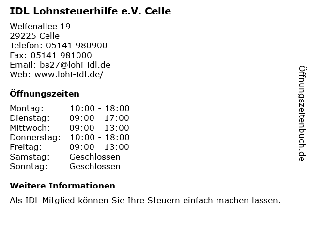 IDL Lohnsteuerhilfe e.V. Celle in Celle: Adresse und Öffnungszeiten