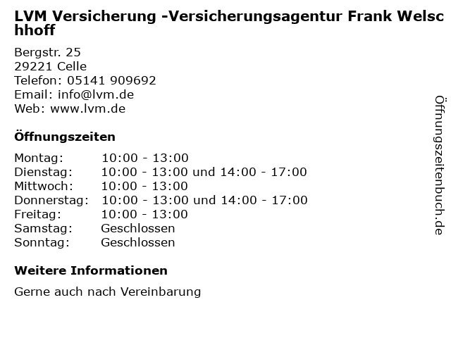 LVM Versicherung -Versicherungsagentur Frank Welschhoff in Celle: Adresse und Öffnungszeiten