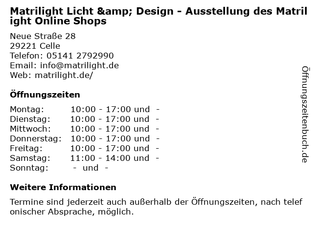 Matrilight Licht & Design - Ausstellung des Matrilight Online Shops in Celle: Adresse und Öffnungszeiten